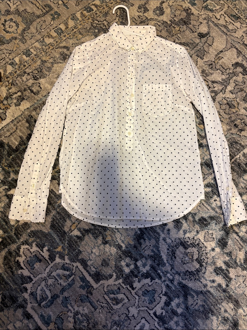 White Long-Sleeve Button-Up Shirt with Navy Dot Print